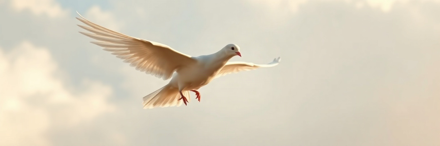 A white dove in flight against a white cloudscape sky